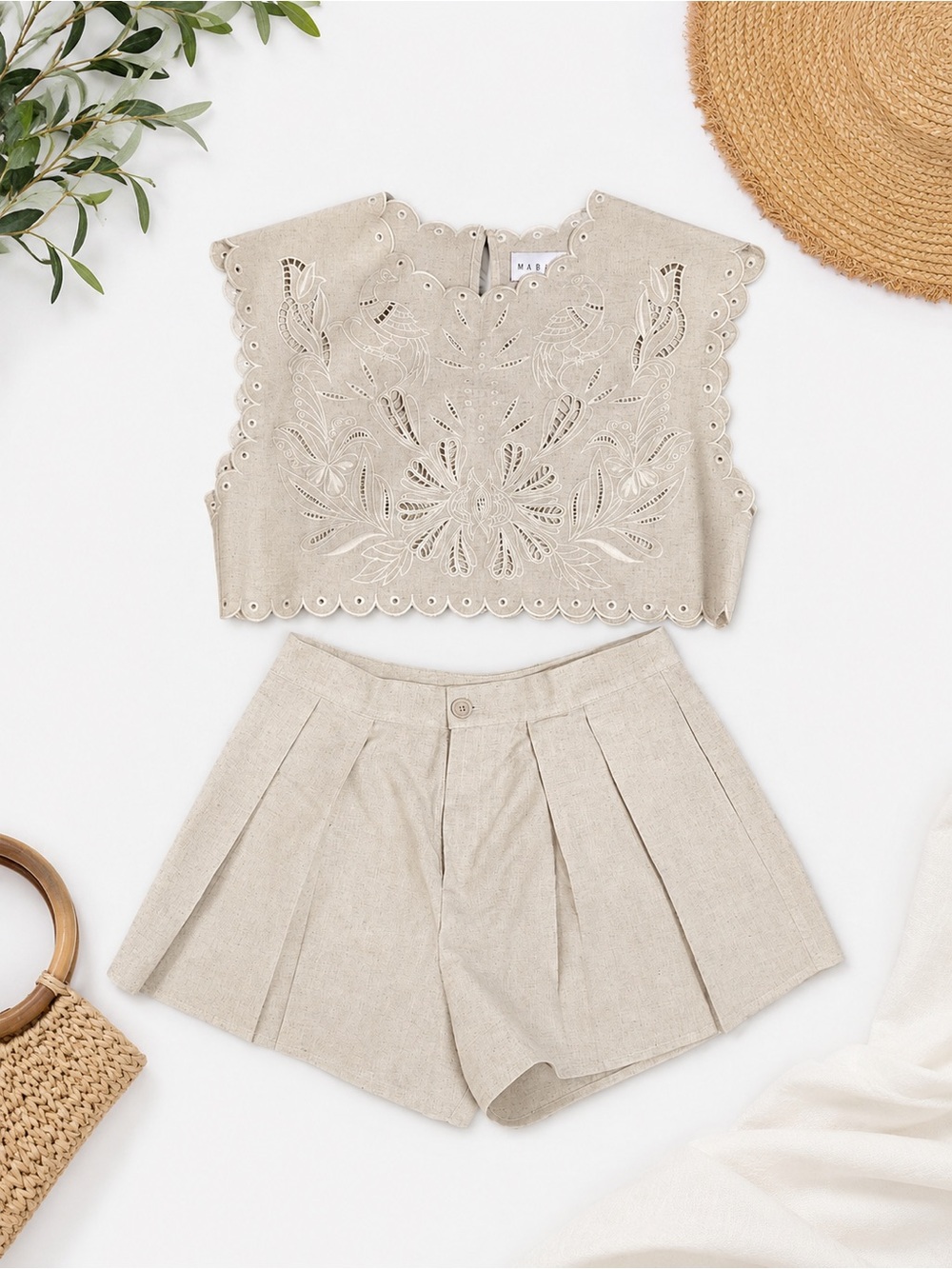 MARBLE Linen-Look High Waist Pleated Shorts in Neutral Beige